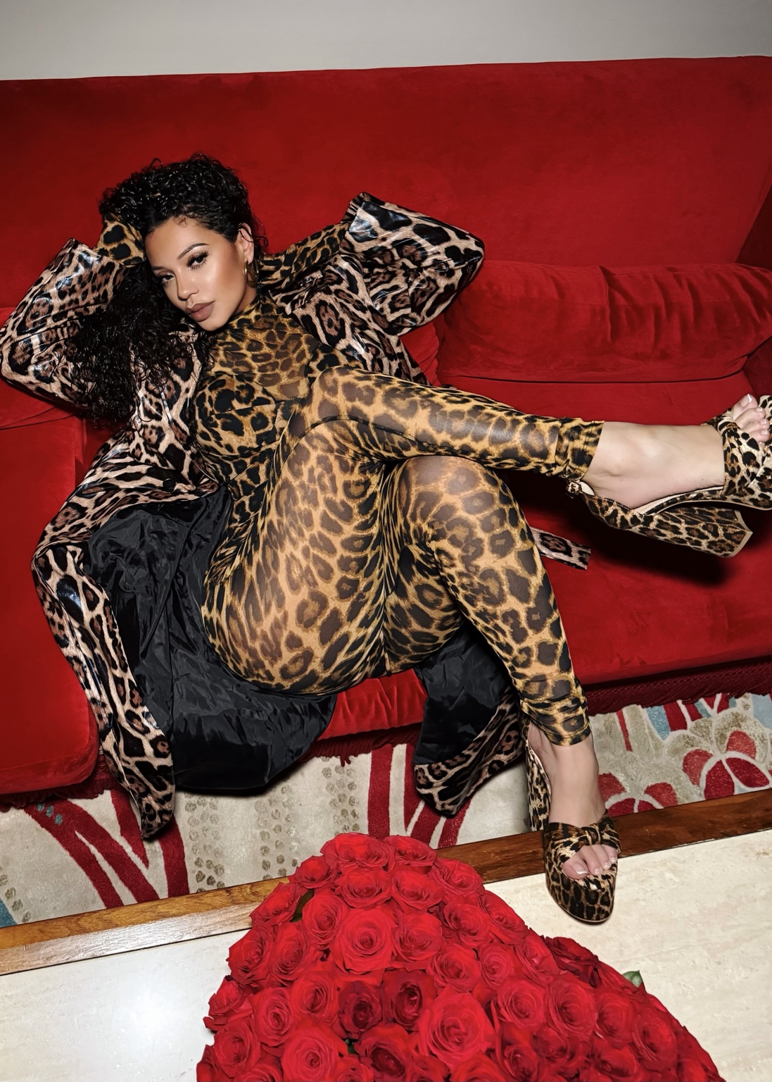 Natalie wearing a leopard statement look